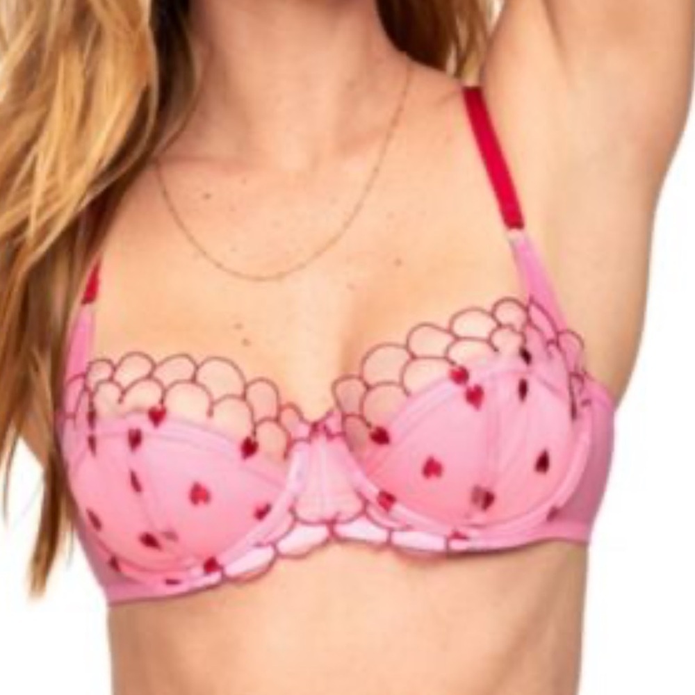 Adore Me Bettie Contour Balconette bra pink red heart embroidery 34DDD